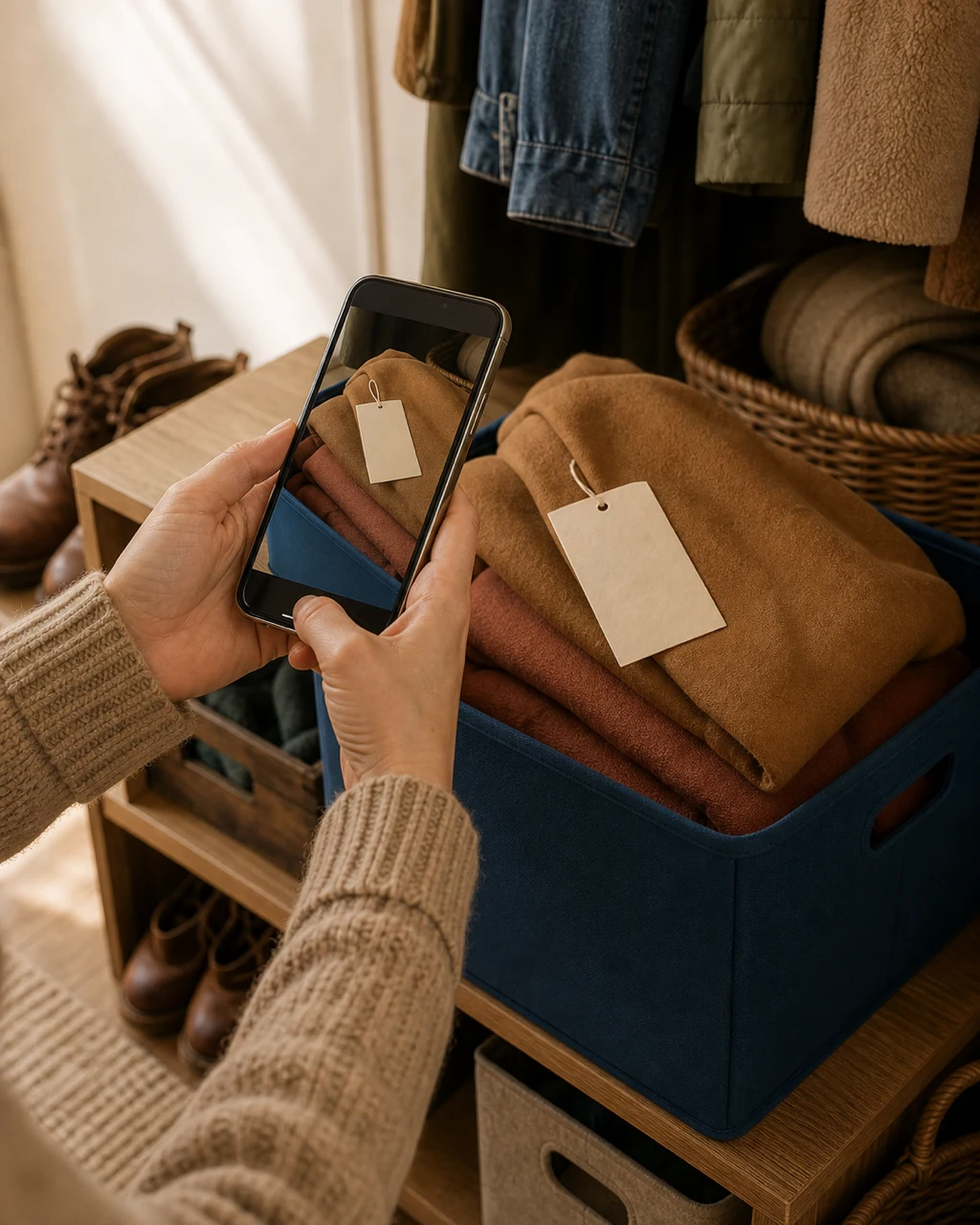 Person using a phone while putting winter coats into a storage box.