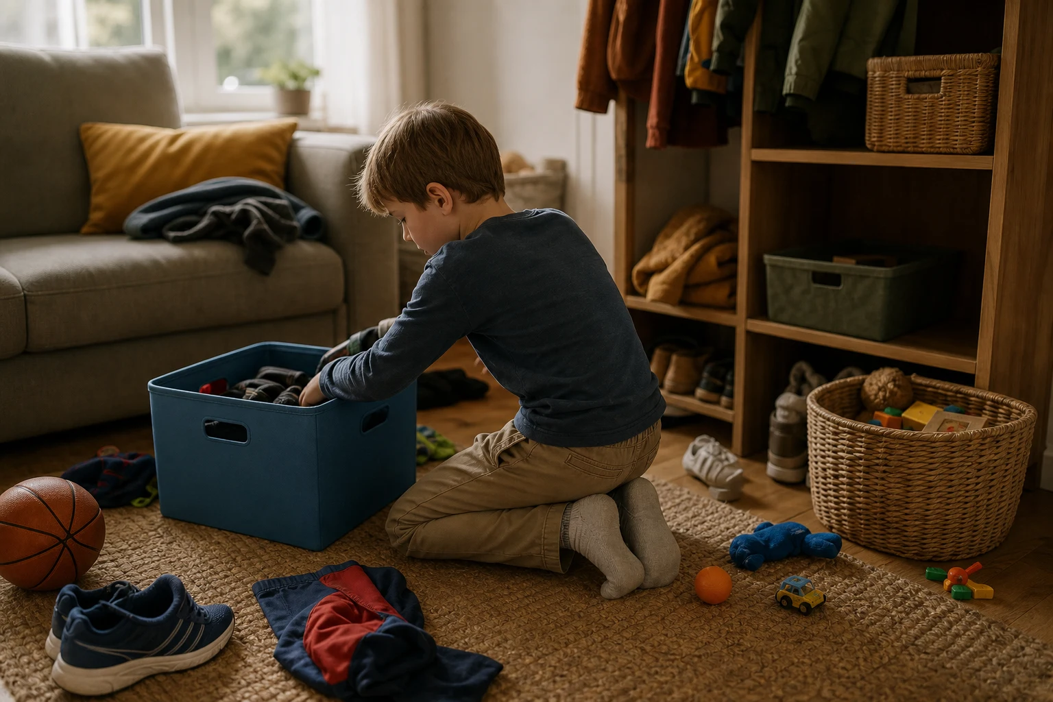 Child looking through a storage bin before school