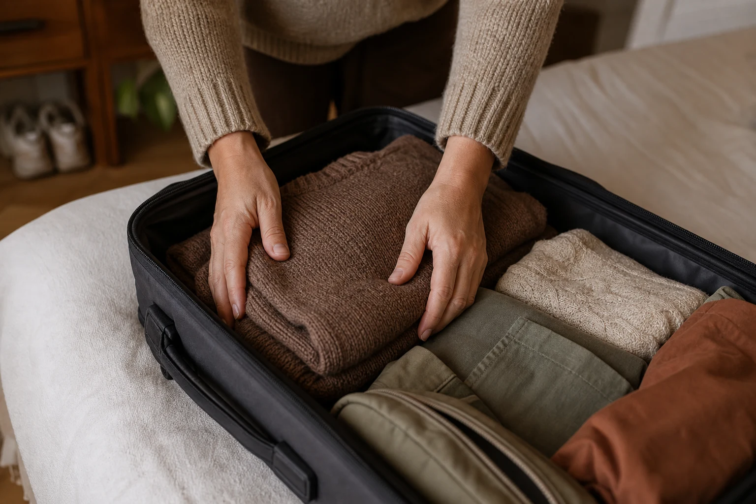 Person packing warm clothes into a suitcase before a trip