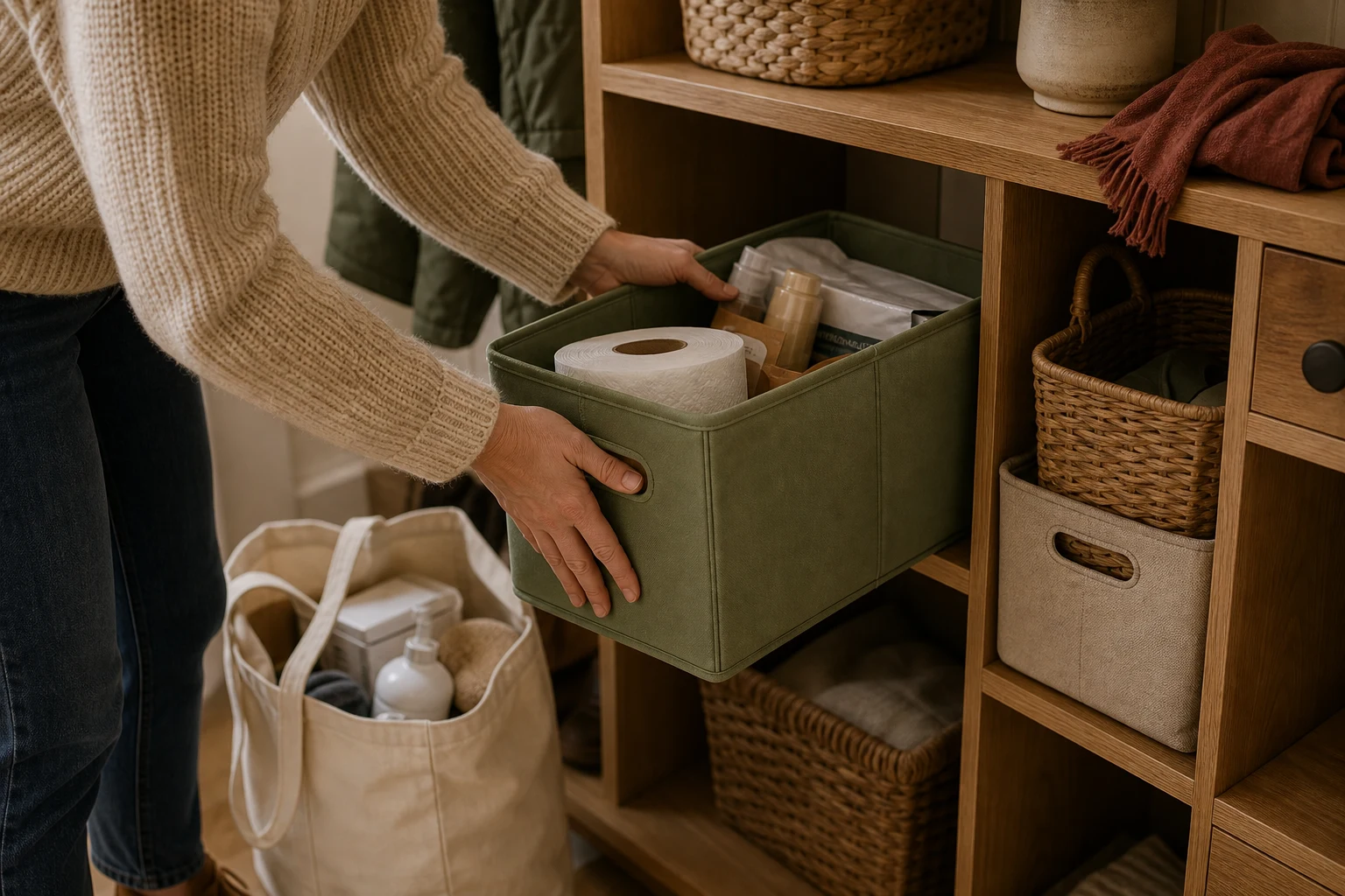 Person putting away a household storage bin after shopping