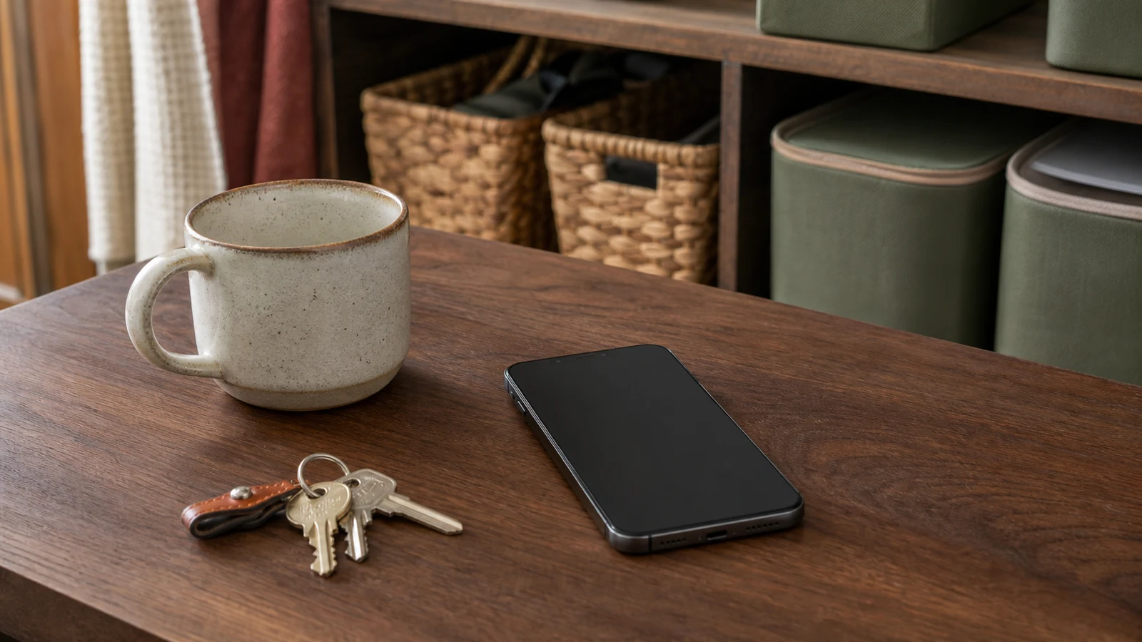 Phone, keys and a mug beside household storage baskets